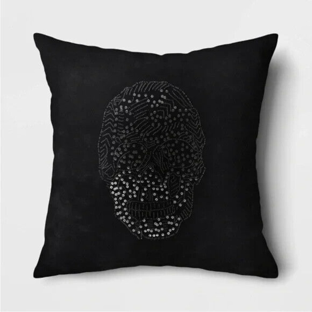 Target Threshold Square Beaded Skull Velvet Throw Pillow‎ Black
